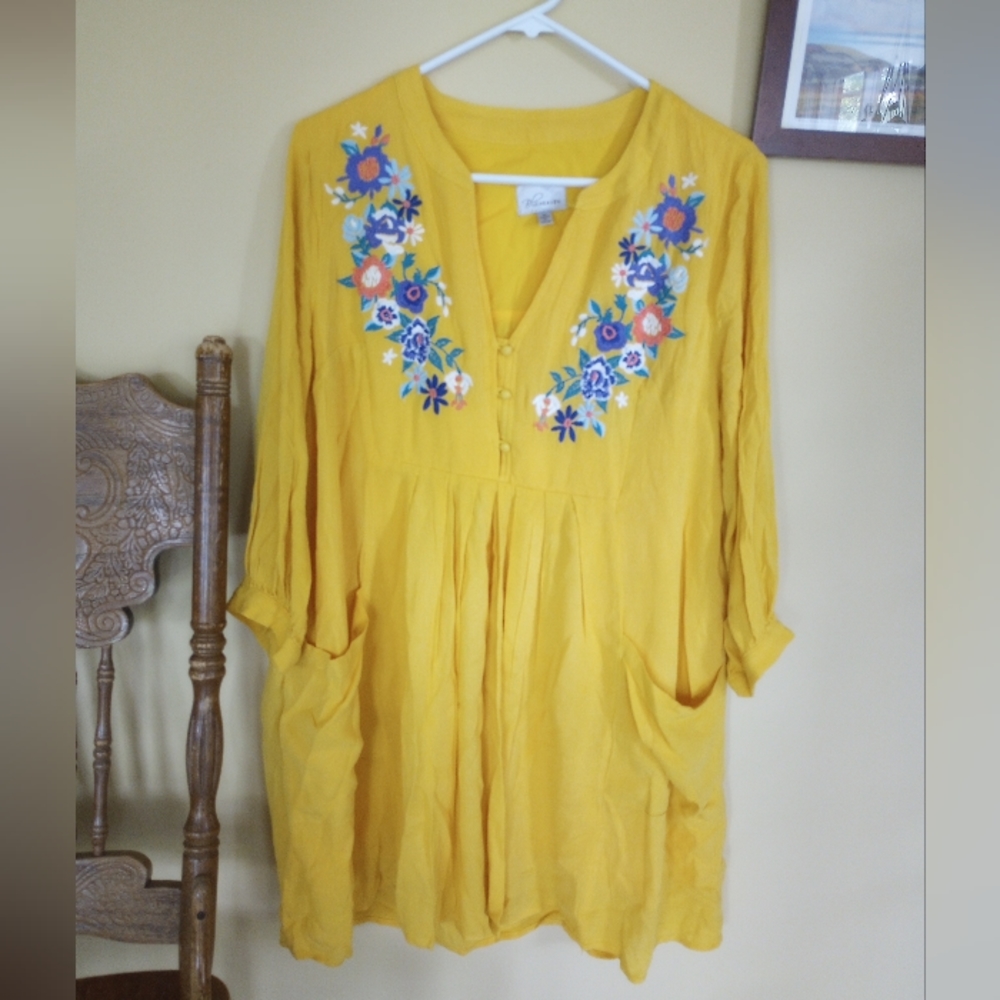 Yellow Embroidered swing dress with buttons